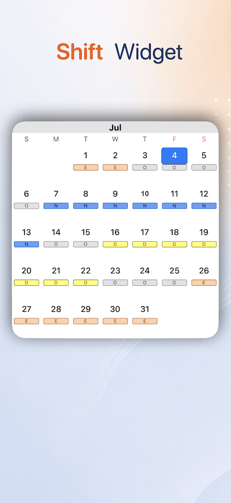 Monthly shift widget showing color-coded work shifts and days off